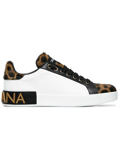 Shop Dolce & Gabbana White Leopard Leather Pony Sneakers - Brown