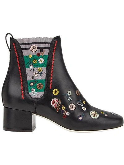 Fendi Embroidered Sock-trim Leather Boot, Black In Black