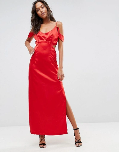 Shop Wyldr Windslow Corvette Satin Dress With Off The Shoulder Frill And Waist Cut Out-red