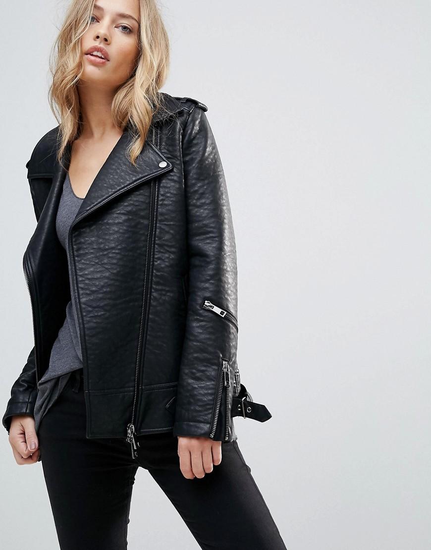Longline Biker Jacket In Textured Faux Leather Black Longline Biker Jacket In Textured Faux Leather Black