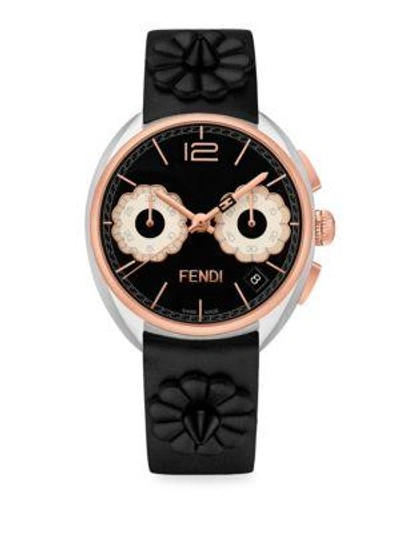 Shop Fendi Momento Flowerland Stainless Steel Chronograph Leather Strap Watch In Black