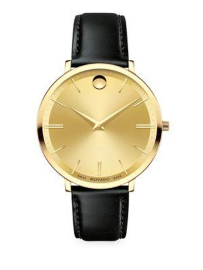 Shop Movado Ultra Slim Leather Strap Watch In Gold