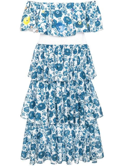 Shop All Things Mochi Mittellanges Seidenkleid Mit Floralem Print In Blue