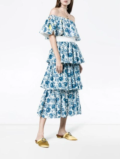 Shop All Things Mochi Mittellanges Seidenkleid Mit Floralem Print In Blue