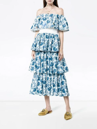 Shop All Things Mochi Mittellanges Seidenkleid Mit Floralem Print In Blue