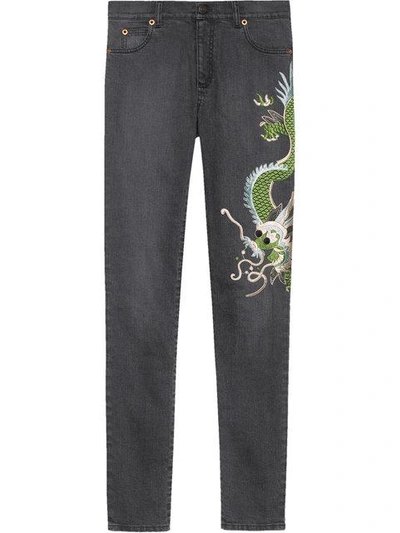 Shop Gucci Dragon Embroidered Denim Skinny Jeans In Black