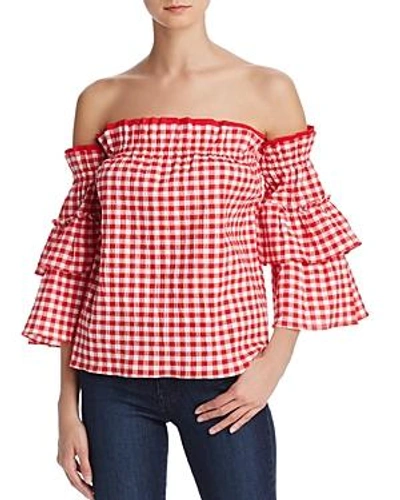Shop Misa Sabina Off-the-shoulder Gingham Top In Red Checker