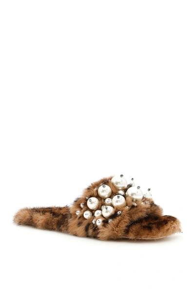 Shop Miu Miu Leopard Print Rabbit Fur Slides In Caramelmarrone