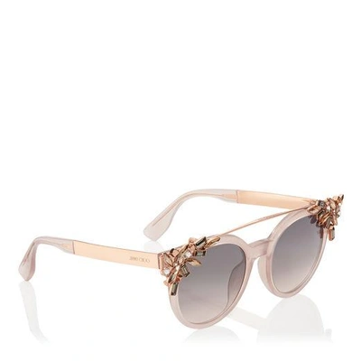 Shop Jimmy Choo Vivy Pink Round Framed Sunglasses With Detachable Jewel Clip On In Grey Mirror Silver