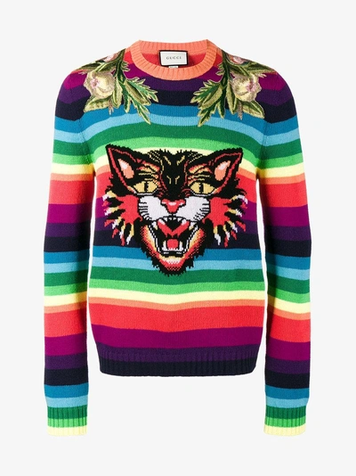 Shop Gucci Striped Wool Intarsia Sweater With Appliqués In Multicolour