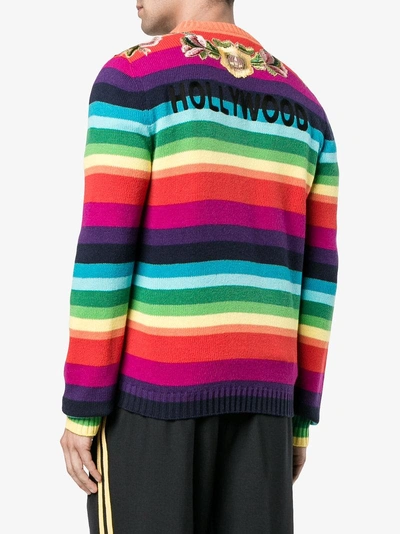 Shop Gucci Striped Wool Intarsia Sweater With Appliqués In Multicolour