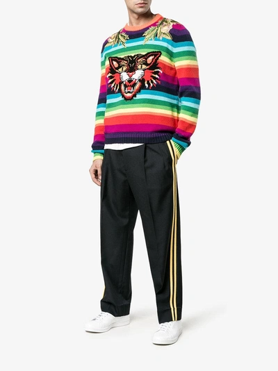 Shop Gucci Striped Wool Intarsia Sweater With Appliqués In Multicolour