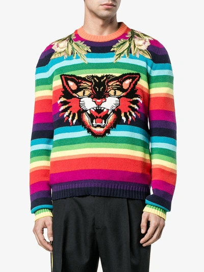 Shop Gucci Striped Wool Intarsia Sweater With Appliqués In Multicolour