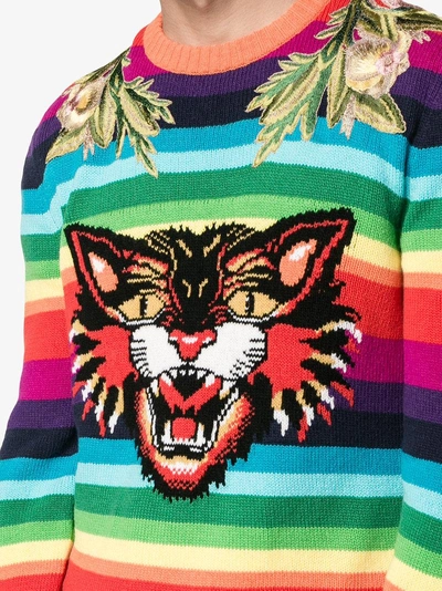 Shop Gucci Striped Wool Intarsia Sweater With Appliqués In Multicolour