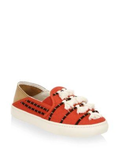 Shop Soludos Tassel Cotton Canvas Slip-on Sneakers In Beige Red