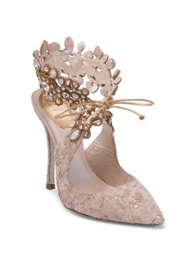 Shop René Caovilla Embellished Ankle Lace Pump In Beige