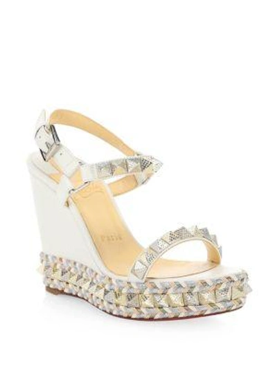 Shop Christian Louboutin Pyraclou Leather Platform Sandals In Latte