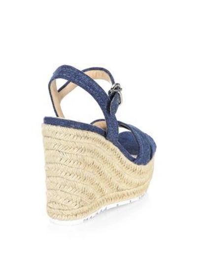 Shop Prada Denim & Raffia Wedge Sandals In Blue