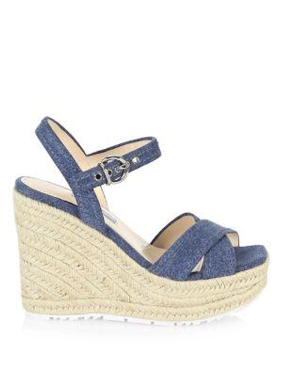 Shop Prada Denim & Raffia Wedge Sandals In Blue