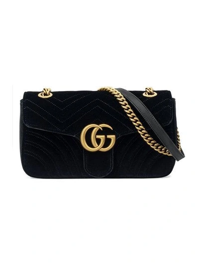 Shop Gucci Gg Marmont Velvet Shoulder Bag In Black