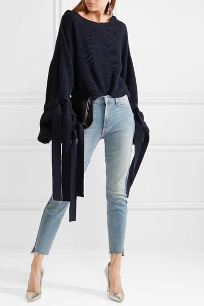 Shop Mother The Stunner Striped Cropped Frayed High-rise Skinny Jeans In Light Denim