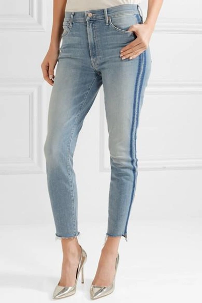 Shop Mother The Stunner Striped Cropped Frayed High-rise Skinny Jeans In Light Denim