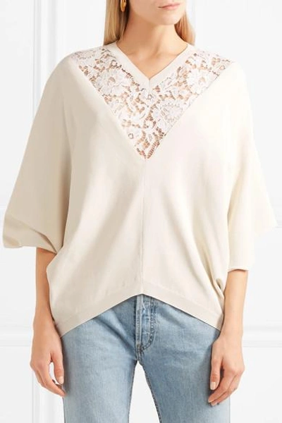 Shop Valentino Lace-paneled Jersey Poncho In Ivory