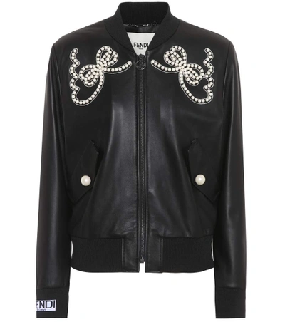 Shop Fendi Embellished Leather Bomber Jacket