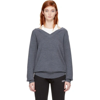 Shop Alexander Wang T Grey & Off-white Bi-layer Off-the-shoulder Pullover