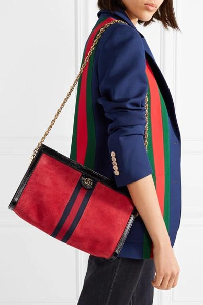Shop Gucci Ophidia Patent-leather Trimmed Suede Shoulder Bag In Red