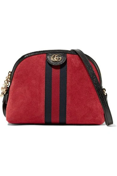 Shop Gucci Ophidia Patent Leather-trimmed Suede Shoulder Bag