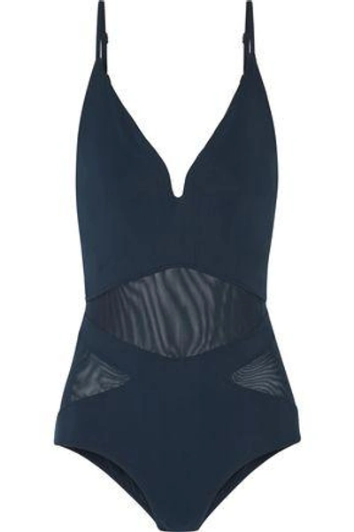 Shop Zimmermann Woman Separates Plunge Open-back Mesh-paneled Cutout Swimsuit Midnight Blue