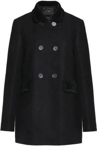 Shop Maje Woman Velvet-trimmed Wool-blend Felt Coat Black