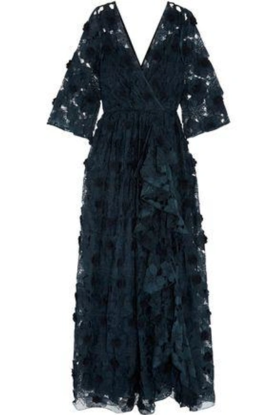Shop Badgley Mischka Woman Floral-appliquéd Embroidered Tulle Gown Navy