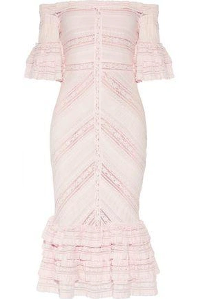 Shop Cinq À Sept Woman Naya Off-the-shoulder Crochet-knit And Lace Midi Dress Pastel Pink