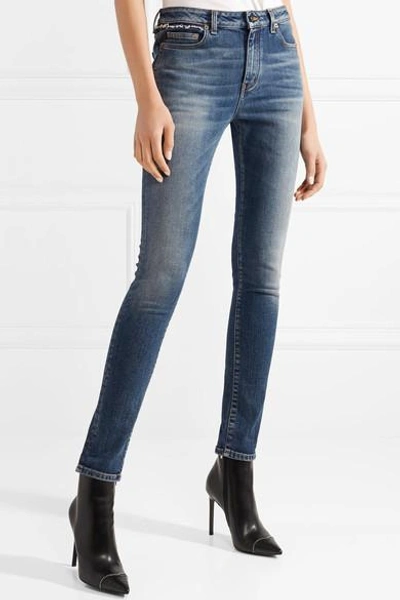 Shop Saint Laurent Distressed Mid-rise Skinny Jeans In Mid Denim