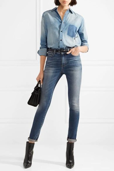 Shop Saint Laurent Distressed Mid-rise Skinny Jeans In Mid Denim