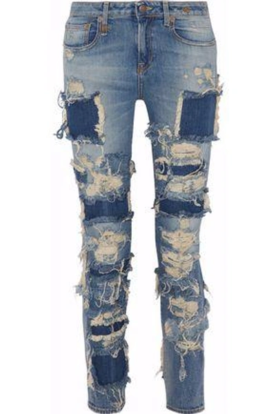 Shop R13 Woman Distressed Mid-rise Skinny Jeans Light Denim