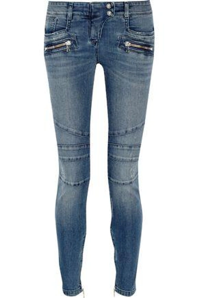 Shop Balmain Woman Moto-style Distressed Low-rise Skinny Jeans Mid Denim