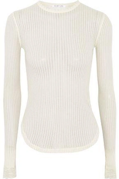 Shop Helmut Lang Woman Lace-trimmed Ribbed Open-knit Cotton Top Ivory