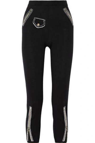 Shop Moschino Metallic Intarsia And Ribbed-knit Wool Leggings In Black