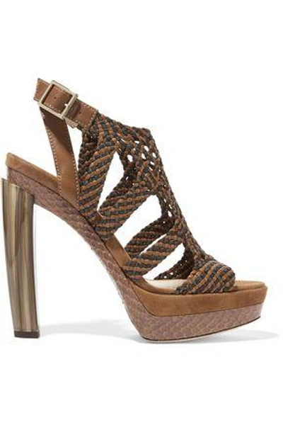 Shop Jimmy Choo Woman Woven Leather, Suede And Elaphe Sandals Tan