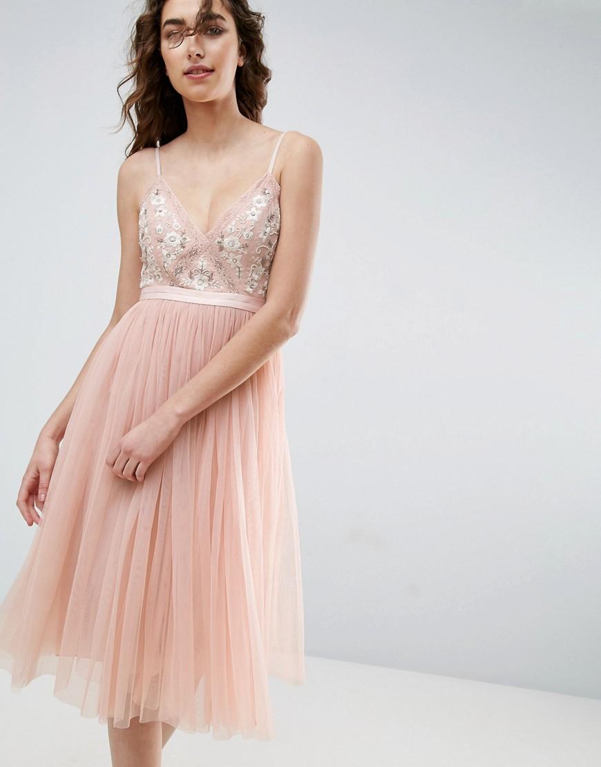 pink tulle midi dress