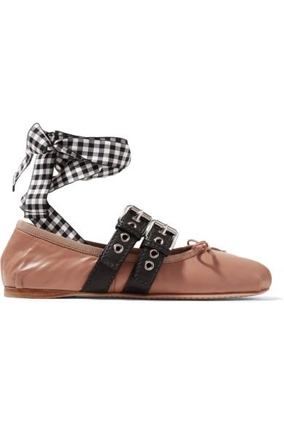 Shop Miu Miu Lace-up Leather Ballet Flats In Pink