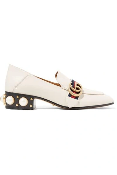 Shop Gucci Logo And Faux Pearl-embellished Leather Collapsible-heel Pumps In White