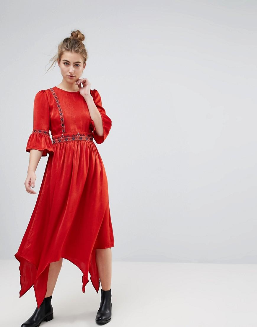 red embroidered midi dress