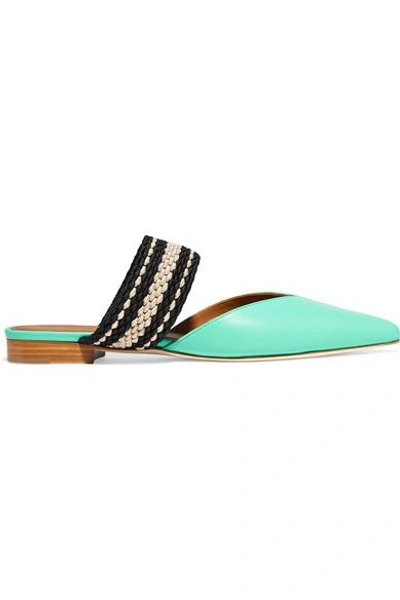 Shop Malone Souliers + Roksanda Hannah Canvas-trimmed Leather Slippers In Mint