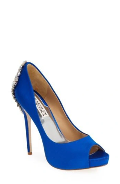 Shop Badgley Mischka 'kiara' Crystal Back Open Toe Pump In Sapphire Satin