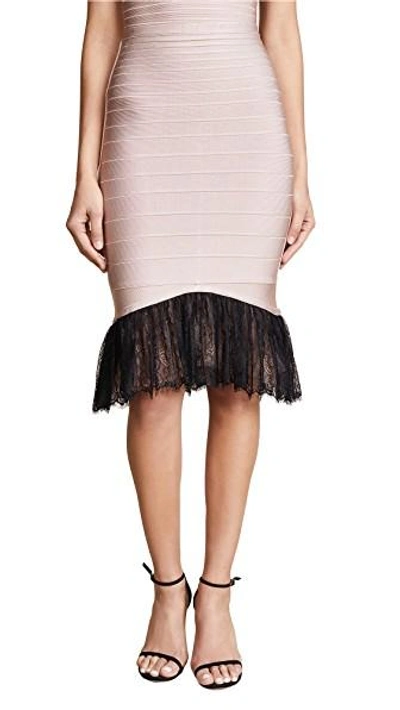 Shop Herve Leger Lace Trim Midi Skirt In Bare Combo