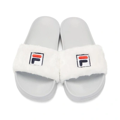 Shop Baja East White And Grey Fila Edition Shearling Drifter Slides In 3207 Pearl/